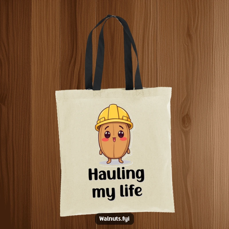 Funny tote bag with a surprised walnut character wearing a tiny construction helmet, looking upwards.