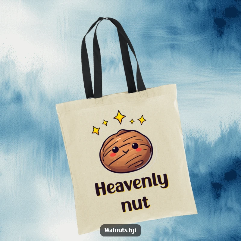 Funny Tote Bag adorned with a walnut character surrounded by sparkling, twinkling stars, representing cosmic fascination.