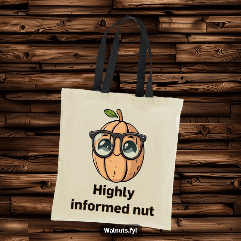 Funny tote bag with a walnut wearing reading glasses, a stylish accessory for book lovers.
