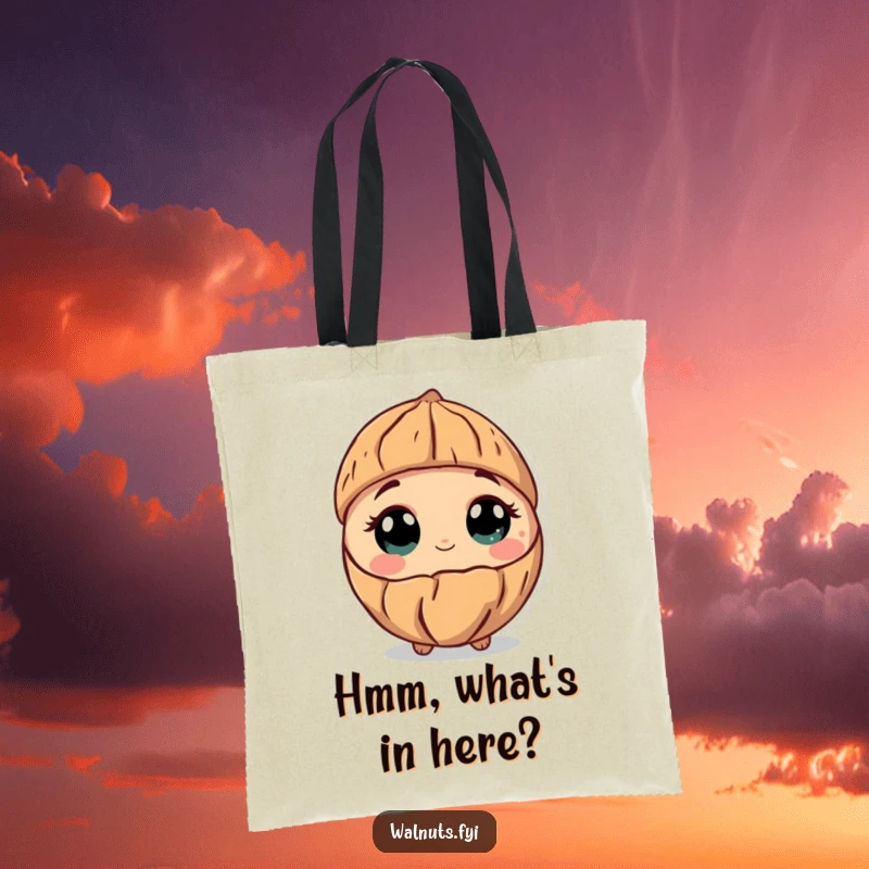 Funny tote bag featuring a curious walnut character tilting its shell, its wide eyes suggesting a world of unanswered questions.