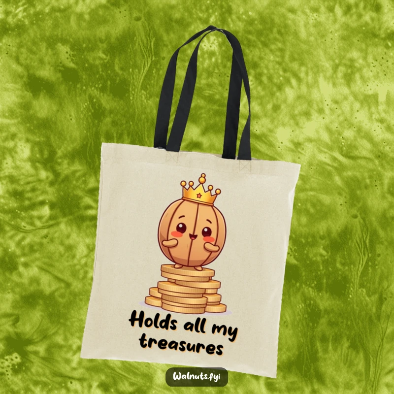 Funny brown walnut character with a crown, confidently perched on coins, ready to carry your items in style.