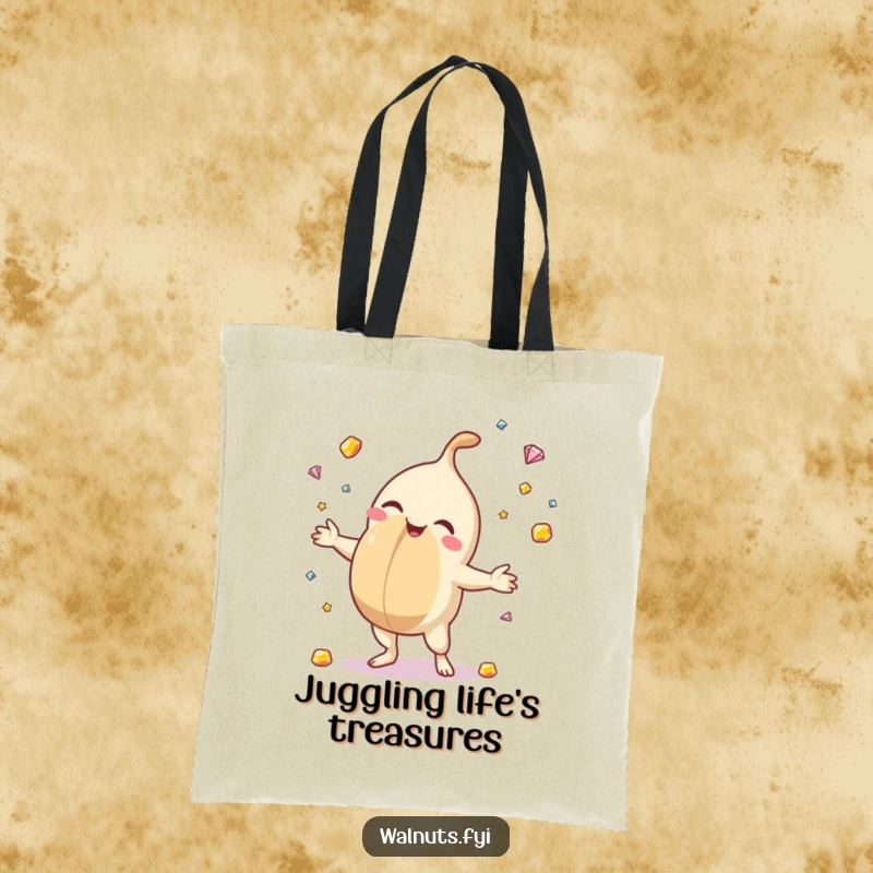 Funny tote bag featuring a macadamia nut expertly juggling sparkling gemstones, designed to carry your essentials with flair and humor.