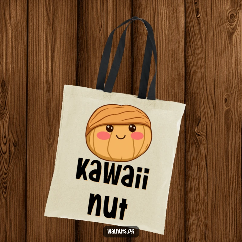 Funny Tote Bag showcasing an exceptionally cute kawaii walnut with rosy cheeks and a small, sweet smile, perfect for carrying essentials.