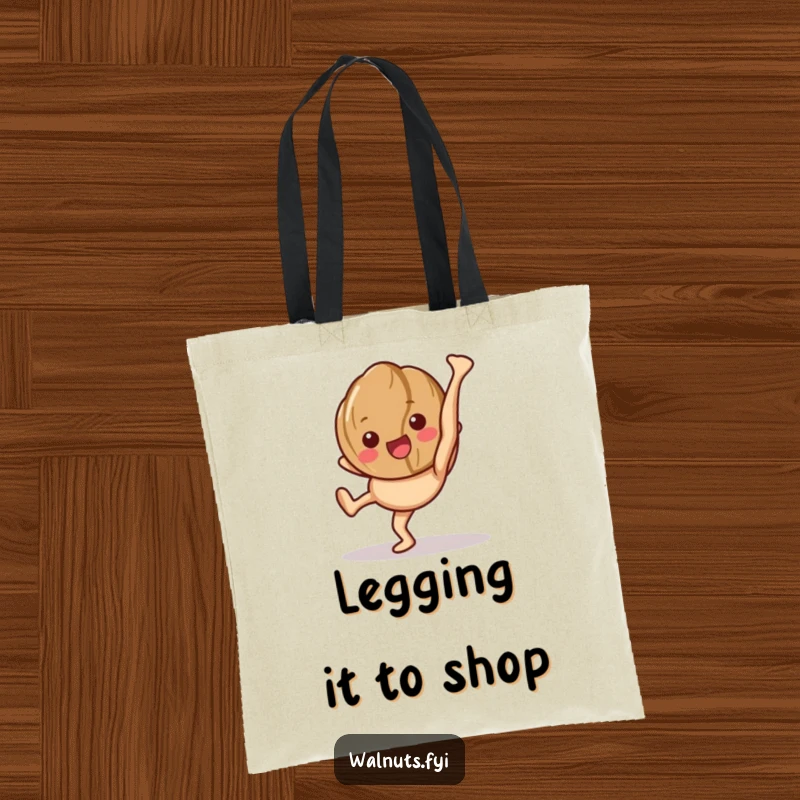 Funny tote bag with a happy walnut character in mid-cartwheel, showing off its legs.