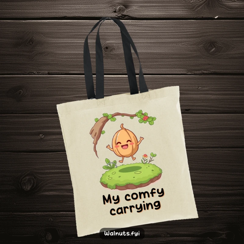 Funny giggling walnut character happily bouncing on a mossy patch on a durable and humorous tote bag.