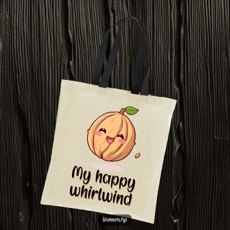 Funny tote bag showcasing a playful walnut character in a delightful spin, leaving a trail of mirth and happiness behind.
