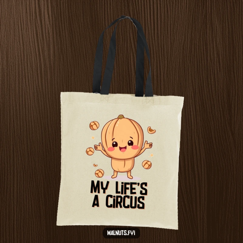 Funny happy walnut character juggling smaller walnut pieces energetically, a humorous and stylish tote bag for shopping.