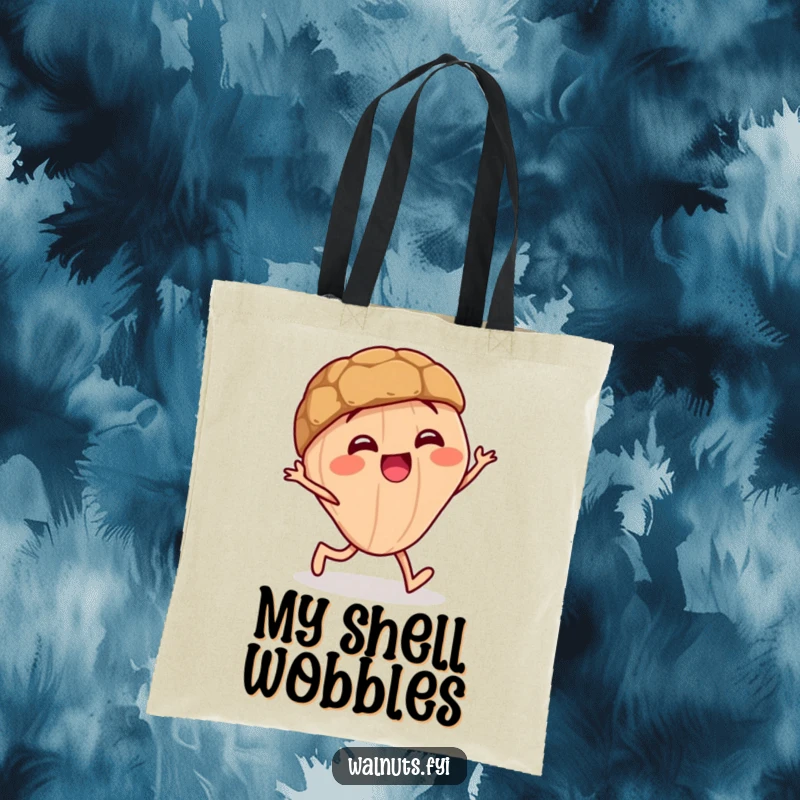 Funny tote bag featuring a giggling walnut character doing a funny little stagger, great for shopping.