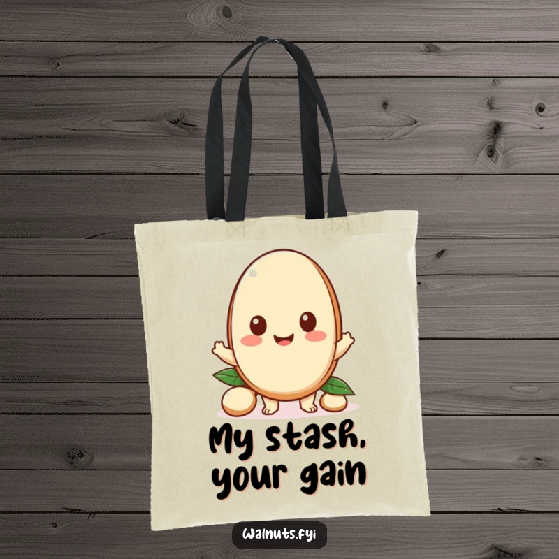 Funny tote bag with a happy Kawaii macadamia nut character offering a piece, perfect for carrying essentials with a message of sharing.