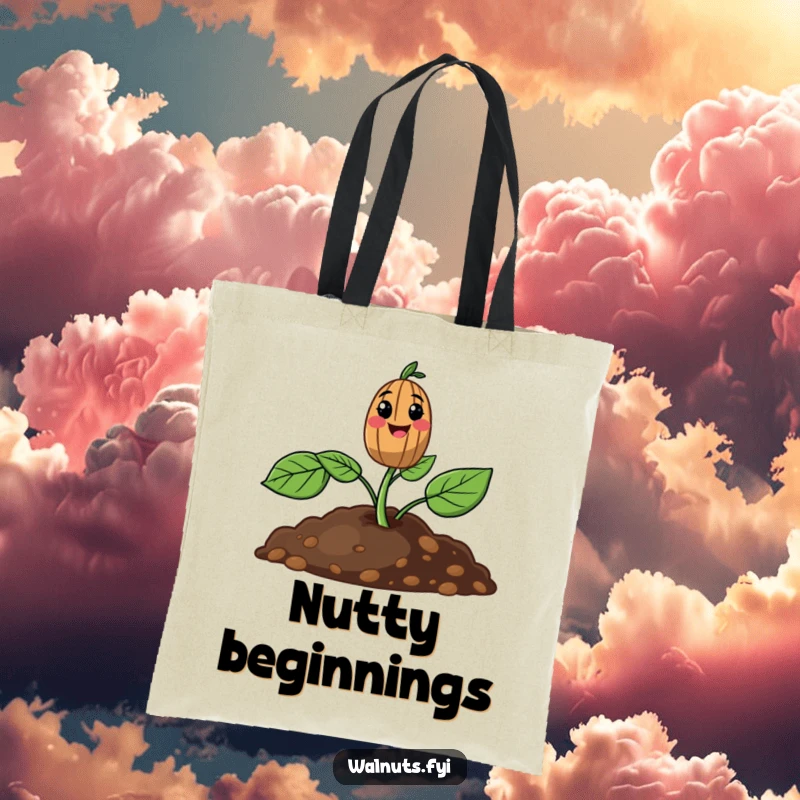 Funny tote bag showcasing a happy walnut sprout emerging from the soil, perfect for groceries or everyday use.