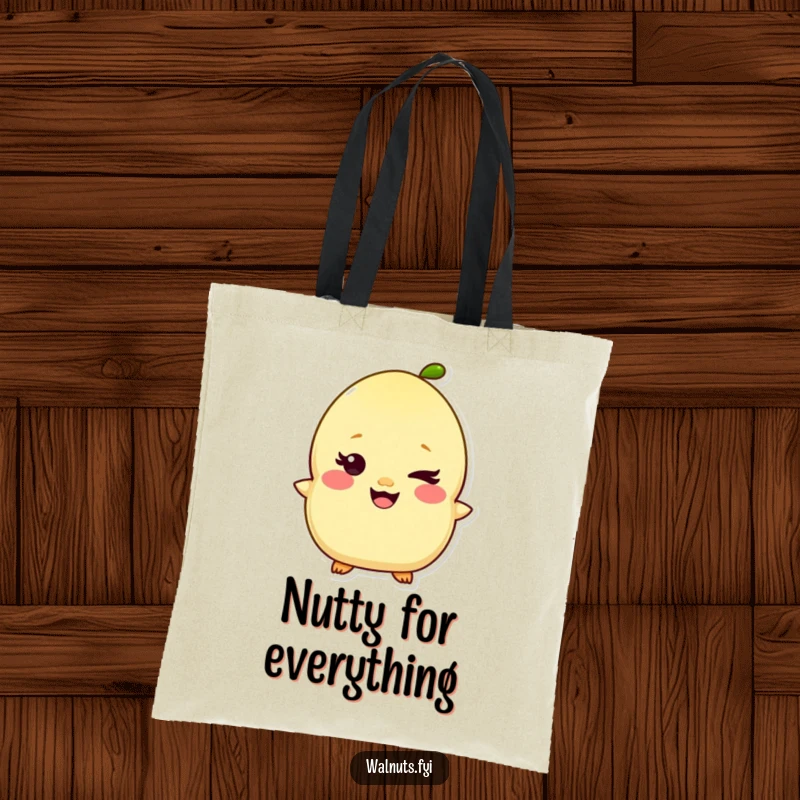 Funny Kawaii Pistachio Tote Bag showcasing a giggling character with a mischievous wink, perfect for everyday humor. Excellent funny gift.