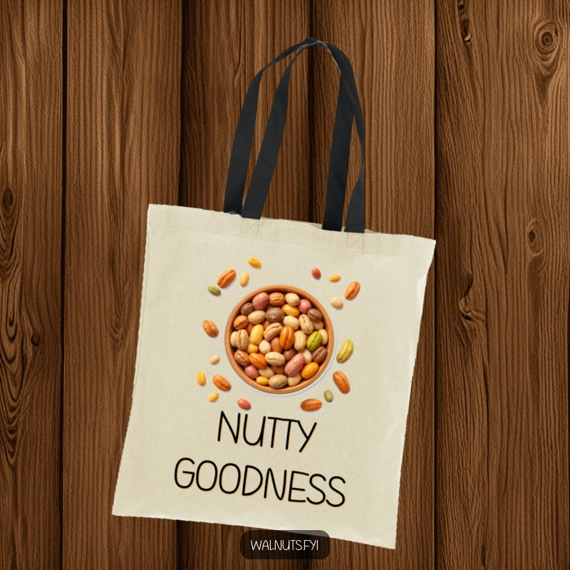 Funny tote bag showcasing a bowl full of colorful nuts, perfect for carrying essentials with a fun vibe, a funny gift.