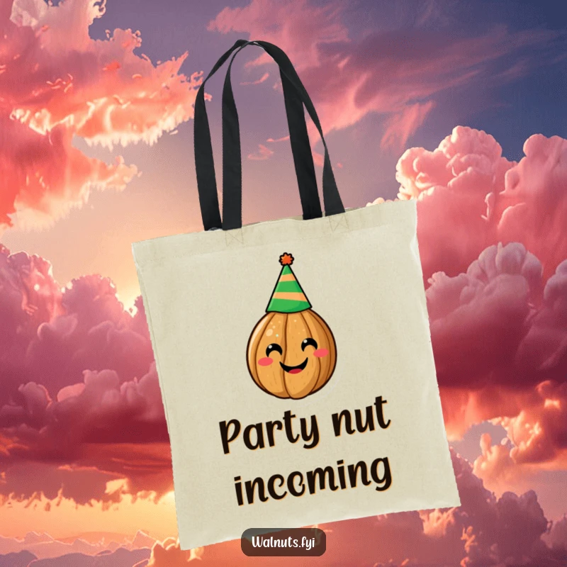 Funny tote bag displaying a beaming walnut in a party hat, ready for fun, a practical and funny gift.