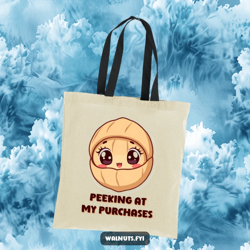 Funny tote bag with a cute walnut character peeking out from its shell with wide, excited eyes.