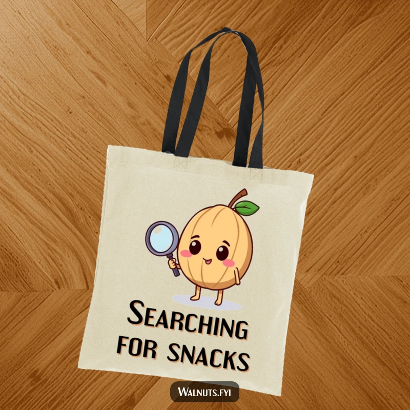 Funny tote bag with a curious walnut character holding a magnifying glass, great for carrying items and sparking conversation.