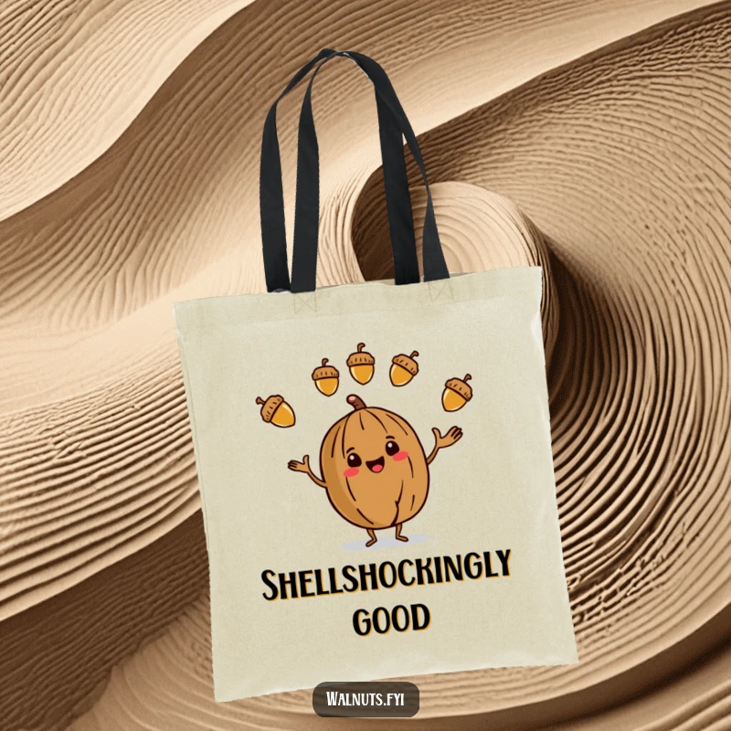 Funny Tote Bag displaying a stylized walnut character juggling three colorful acorns, highlighting a fun circus-like performance.