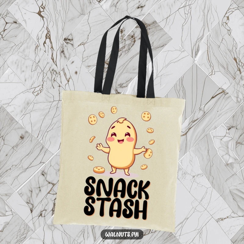 Funny tote bag with a cheerful cashew juggling cookies, a cute and practical way to carry treats.