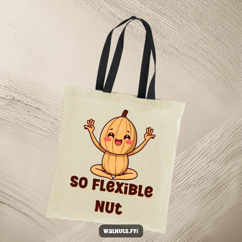 Funny tote bag with a walnut in a yoga pose, a perfect accessory for yoga enthusiasts.