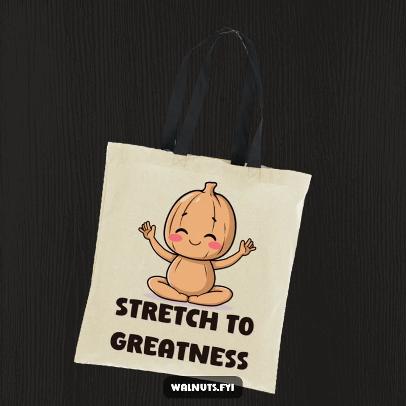 Funny tote bag with a walnut character in a calming yoga pose, perfect for carrying essentials.