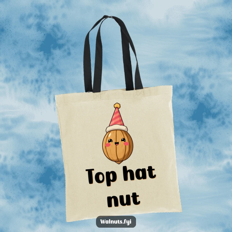 Funny Tote Bag displaying a regal walnut in a party hat, ready for a celebration, showcasing quirky, humorous design.