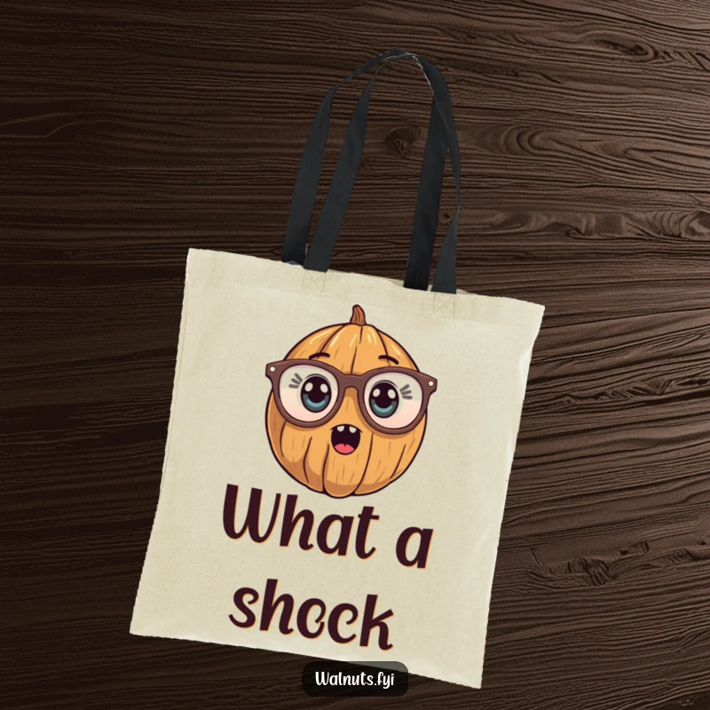 Funny Tote Bag showcasing a walnut character wearing oversized reading glasses, with a comically surprised and startled expression.